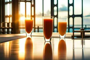 three glasses of orange juice on a table. AI-Generated photo