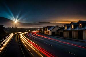 a long exposure photo of a road at night with a bright sun. AI-Generated