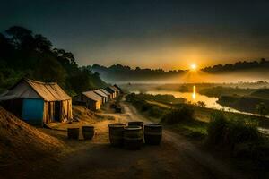 the sun rises over a river and some tents. AI-Generated photo