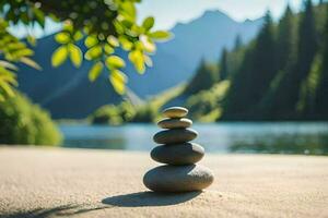 a stack of stones on the beach near a lake. AI-Generated photo