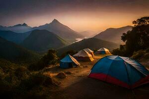 tents in the mountains at sunset. AI-Generated photo