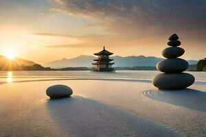 a pagoda and rocks in the sand at sunset. AI-Generated photo