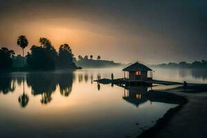 a small hut sits on the shore of a lake at sunrise. AI-Generated photo