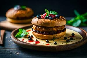 a hamburger with blueberries and a sauce on it. AI-Generated photo