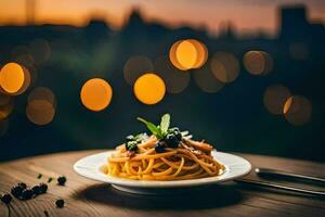 spaghetti with blueberries and blackberries on a plate. AI-Generated photo