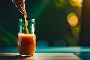 a person pours orange juice into a glass. AI-Generated photo