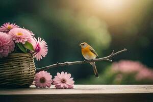 photo wallpaper bird, flowers, spring, flowers, bird, flowers, bird, flowers, bird. AI-Generated