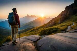 a man with a backpack stands on a mountain at sunset. AI-Generated photo