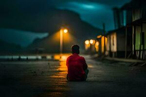 a man sitting on the ground at night in front of a building. AI-Generated photo