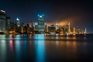 the city skyline at night with lights reflecting off the water. AI-Generated photo