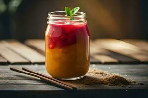 a glass jar with a drink and cinnamon sticks. AI-Generated photo