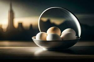 eggs in a bowl with a city in the background. AI-Generated photo
