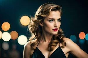 a beautiful woman in a black dress with red lips. AI-Generated photo