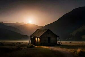 un pequeño cabina en el medio de un campo a puesta de sol. generado por ai foto