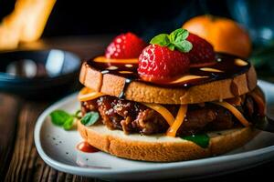 a hamburger with strawberries and cheese on a plate. AI-Generated photo