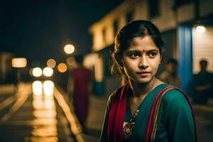 un joven mujer en un sari soportes en un calle a noche. generado por ai foto