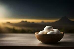 a bowl of eggs on a table with mountains in the background. AI-Generated photo