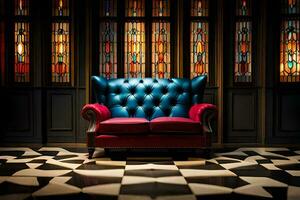 a blue and red leather chair in front of stained glass windows. AI-Generated photo