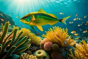 a fish swimming over a coral reef with many different types of fish. AI-Generated photo