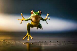 a frog jumping in the air. AI-Generated photo