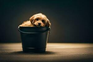 a puppy in a bucket. AI-Generated photo