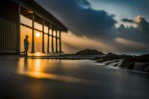 a man standing in front of a pier at sunset. AI-Generated photo