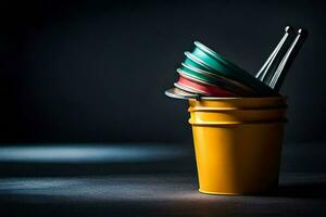 a yellow bucket with a stack of colorful spoons. AI-Generated photo
