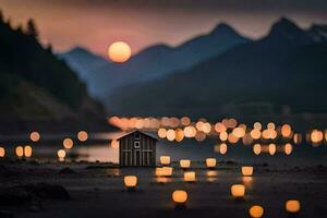 a small house sits on the shore of a lake with candles. AI-Generated photo