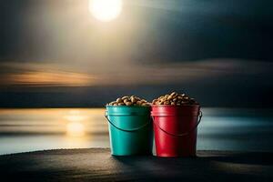 two buckets of peanuts on a table in front of the ocean. AI-Generated photo