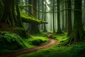 a path through a green forest with mossy trees. AI-Generated photo