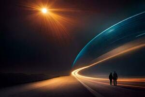 two people walking on a road at night with a bright light. AI-Generated photo