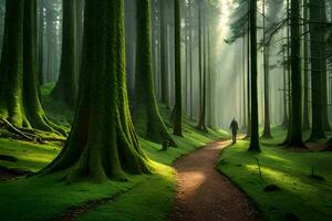 a man walks through a forest with green trees. AI-Generated photo