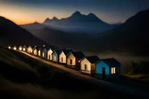 a row of beach huts in the mountains at dusk. AI-Generated photo