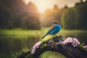 a blue bird sits on a branch near a lake. AI-Generated photo