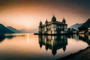 the sun sets over a beautiful building in india. AI-Generated photo