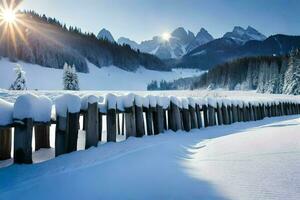 photo wallpaper the sky, snow, mountains, fence, fence, the sun, the mountains,. AI-Generated