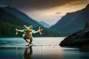 a frog jumping into the water. AI-Generated photo