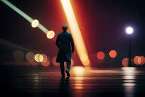 a man in a suit walks across a street at night. AI-Generated photo