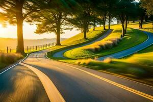 un devanado la carretera con arboles y césped en el antecedentes. generado por ai foto