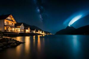 the aurora lights up the sky over a lake and houses. AI-Generated photo