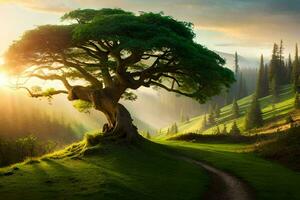 photo wallpaper the sky, trees, path, sun, trees, path, tree, forest,. AI-Generated