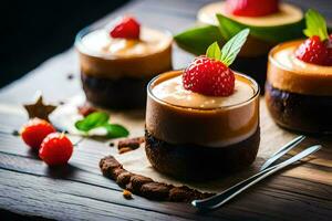 three dessert cups with chocolate and strawberries. AI-Generated photo
