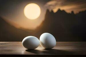 dos huevos sentar en un mesa en frente de un montaña. generado por ai foto