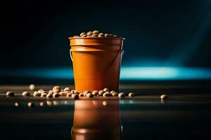 a bucket of soybeans on a table. AI-Generated photo