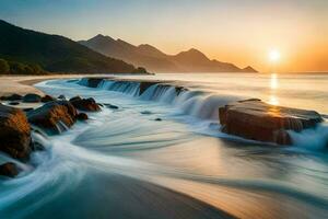the sun rises over the ocean and mountains in this beautiful photo. AI-Generated photo