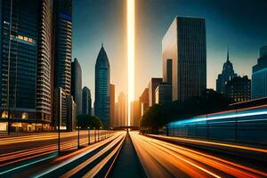 a city street with light trails and cars driving on it. AI-Generated photo