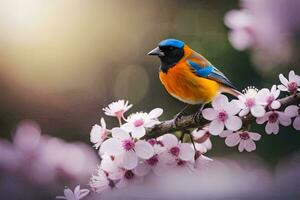 photo wallpaper the sun, bird, flowers, spring, the tree, the bird, the bird. AI-Generated