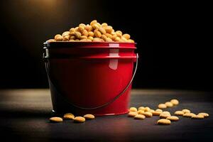 a red bucket filled with peanuts on a black background. AI-Generated photo