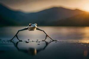 un rana en pie en el borde de un lago a puesta de sol. generado por ai foto