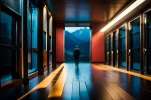 a person walking down a hallway with a mountain in the background. AI-Generated photo
